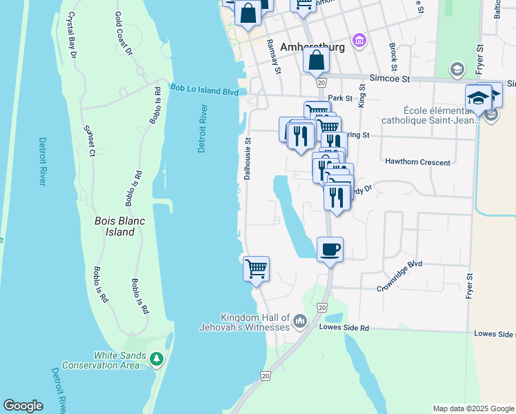 map of restaurants, bars, coffee shops, grocery stores, and more near 487 Dalhousie Street in Amherstburg
