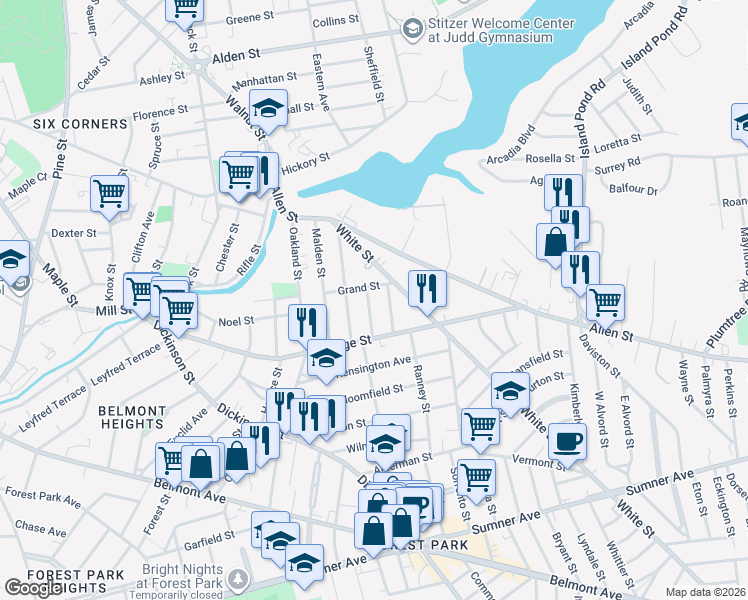 map of restaurants, bars, coffee shops, grocery stores, and more near 11 Ozark Street in Springfield