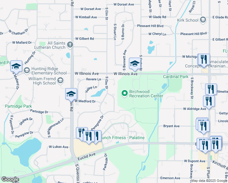 map of restaurants, bars, coffee shops, grocery stores, and more near 511 Revere Lane in Palatine