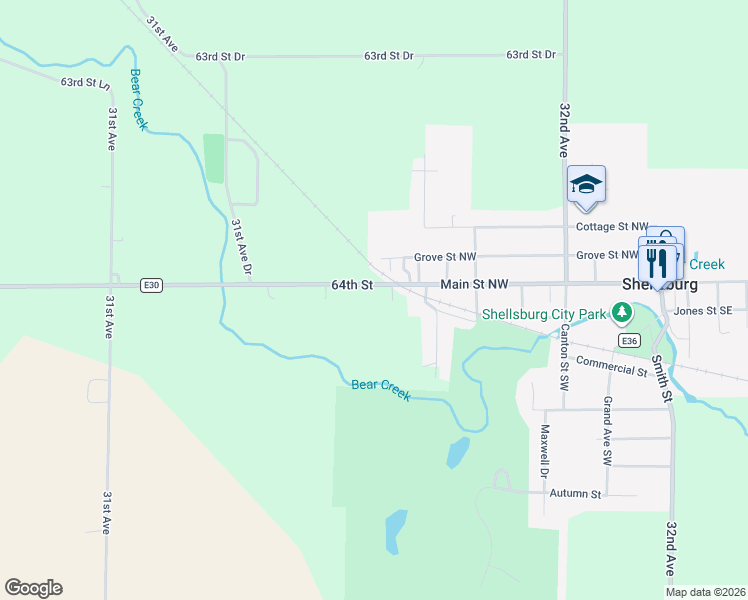 map of restaurants, bars, coffee shops, grocery stores, and more near 705 Main Street Northwest in Shellsburg