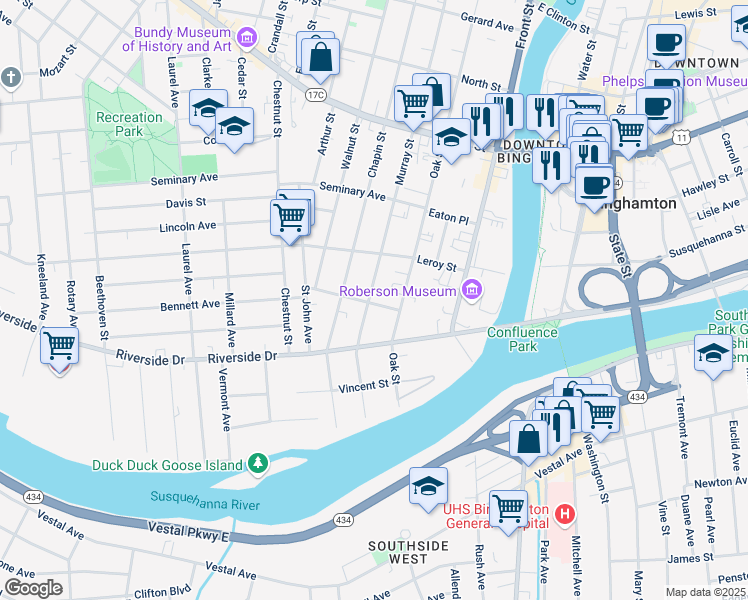 map of restaurants, bars, coffee shops, grocery stores, and more near 52 Murray Street in Binghamton