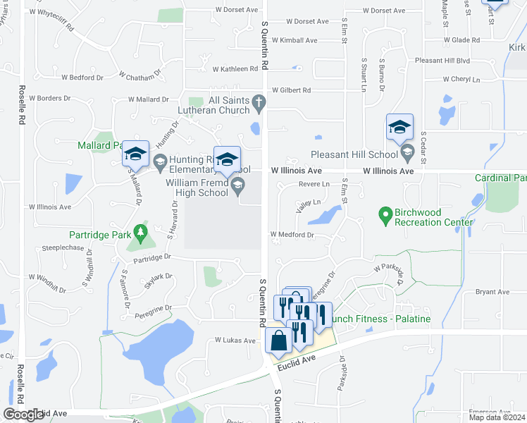 map of restaurants, bars, coffee shops, grocery stores, and more near South Quentin Road in Palatine