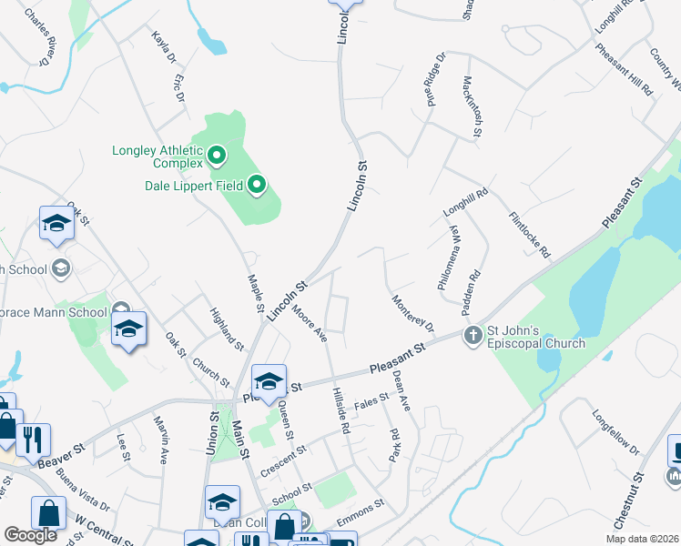 map of restaurants, bars, coffee shops, grocery stores, and more near 25 Longhill Road in Franklin