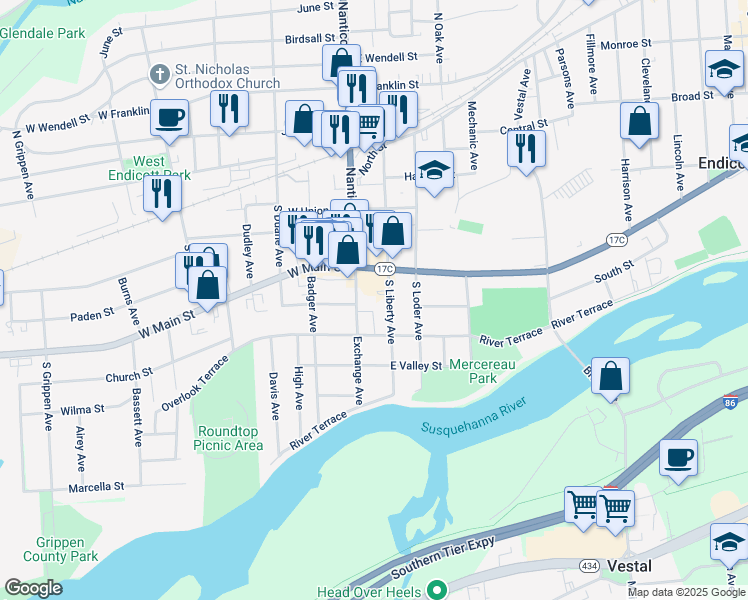 map of restaurants, bars, coffee shops, grocery stores, and more near 319 Exchange Avenue in Endicott