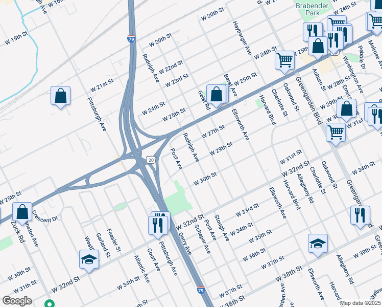 map of restaurants, bars, coffee shops, grocery stores, and more near 2802 Rudolph Avenue in Erie