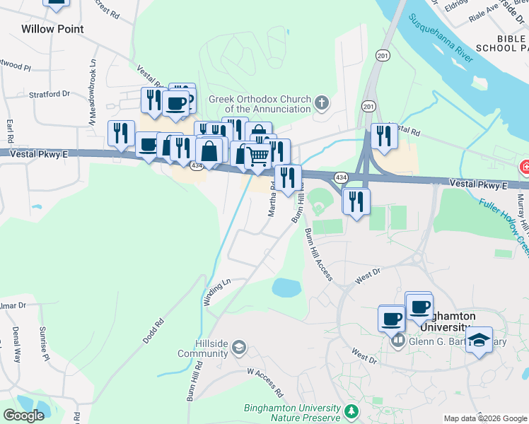 map of restaurants, bars, coffee shops, grocery stores, and more near 205 Avondale Ct in Vestal