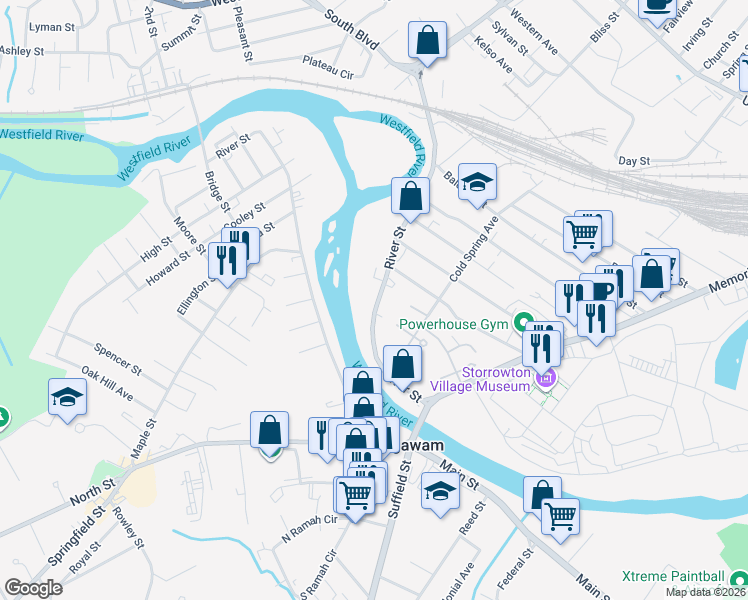 map of restaurants, bars, coffee shops, grocery stores, and more near 160 River Street in West Springfield