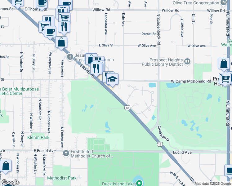 map of restaurants, bars, coffee shops, grocery stores, and more near 2430 East Rand Road in Arlington Heights