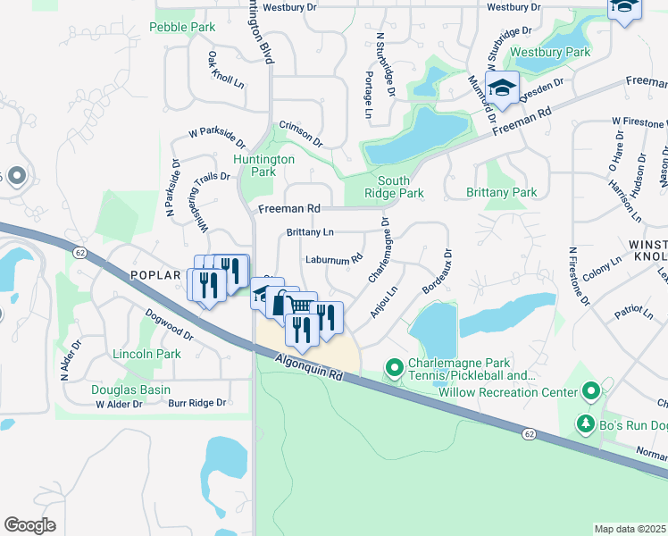 map of restaurants, bars, coffee shops, grocery stores, and more near 1540 Laburnum Road in Hoffman Estates
