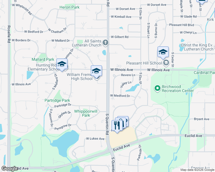 map of restaurants, bars, coffee shops, grocery stores, and more near 840 South Quentin Road in Palatine