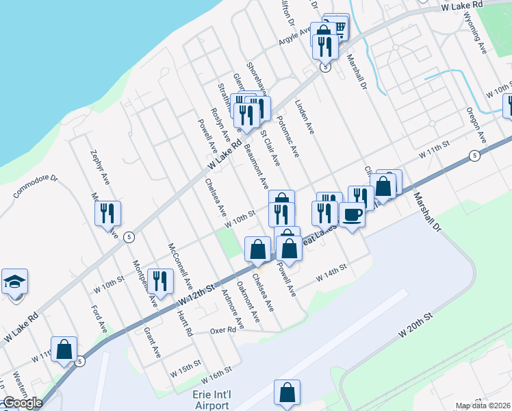map of restaurants, bars, coffee shops, grocery stores, and more near 919 Powell Avenue in Erie