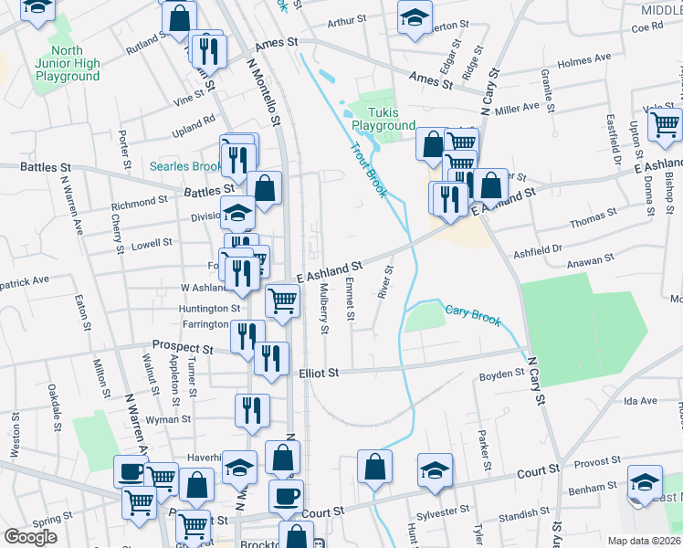 map of restaurants, bars, coffee shops, grocery stores, and more near 109 East Ashland Street in Brockton