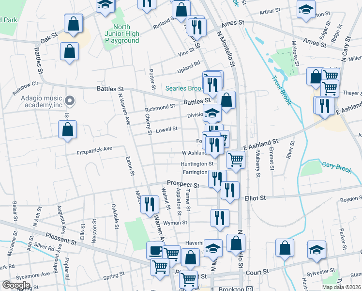 map of restaurants, bars, coffee shops, grocery stores, and more near 57 Ford Street in Brockton