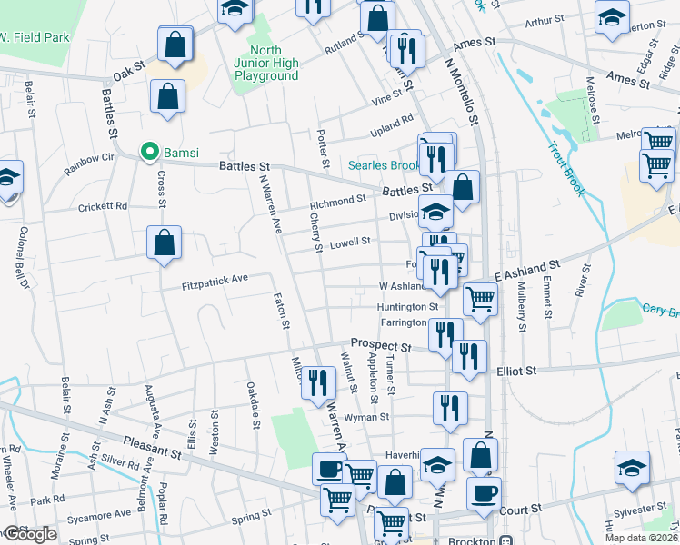 map of restaurants, bars, coffee shops, grocery stores, and more near 117 Ford Street in Brockton