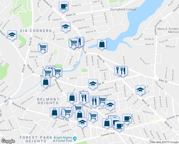 map of restaurants, bars, coffee shops, grocery stores, and more near 347 Oakland Street in Springfield