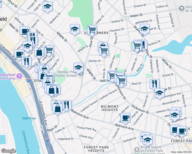 map of restaurants, bars, coffee shops, grocery stores, and more near 393 Maple Street in Springfield