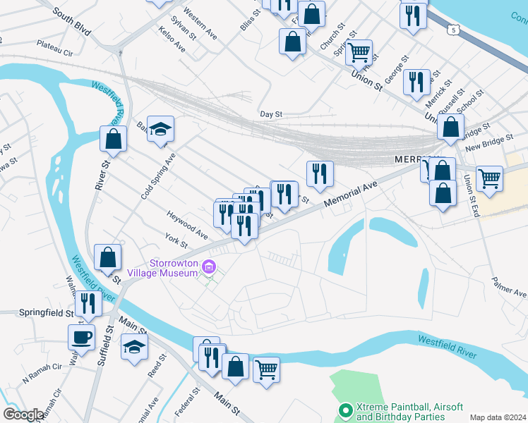 map of restaurants, bars, coffee shops, grocery stores, and more near 64 Bosworth Street in West Springfield