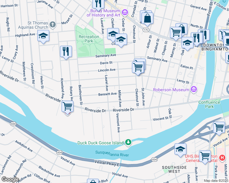 map of restaurants, bars, coffee shops, grocery stores, and more near 29 Lathrop Avenue in Binghamton