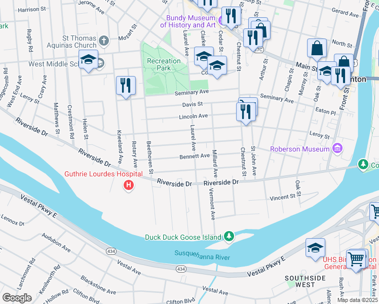 map of restaurants, bars, coffee shops, grocery stores, and more near 41 Lathrop Ave in Binghamton