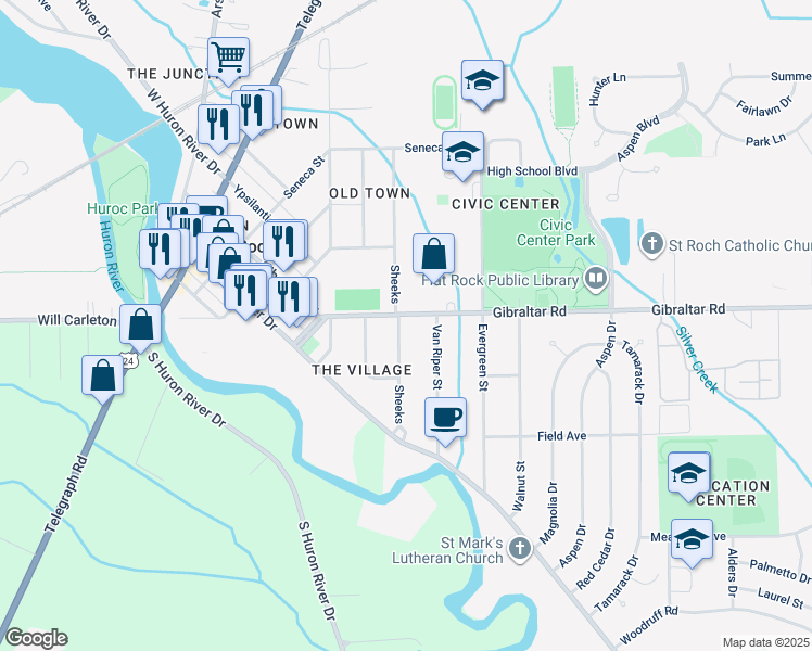 map of restaurants, bars, coffee shops, grocery stores, and more near 28646 North Sheeks Boulevard North in Flat Rock
