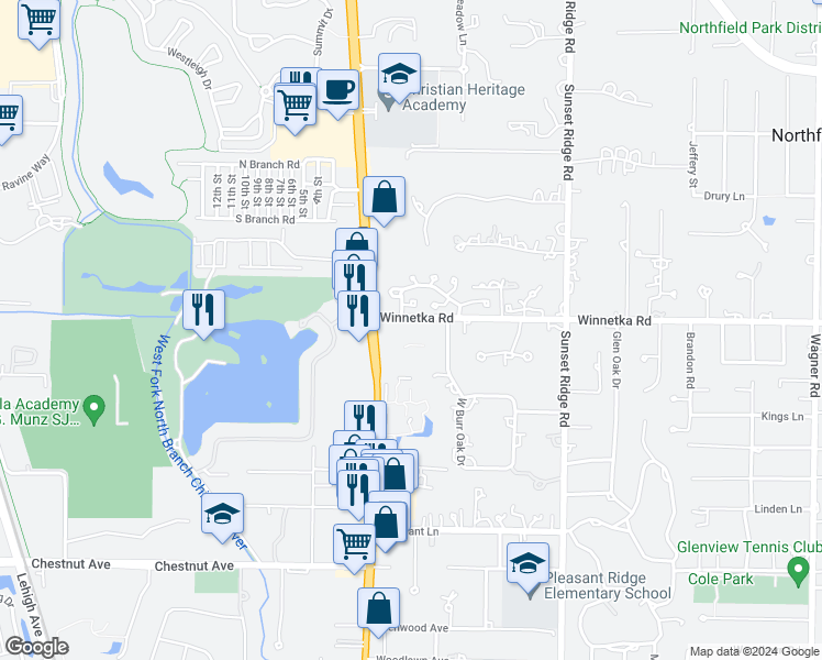 map of restaurants, bars, coffee shops, grocery stores, and more near 25 Regent wood Road in Northfield