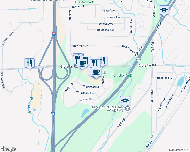 map of restaurants, bars, coffee shops, grocery stores, and more near 20645 Gibraltar Road in Brownstown Charter Township