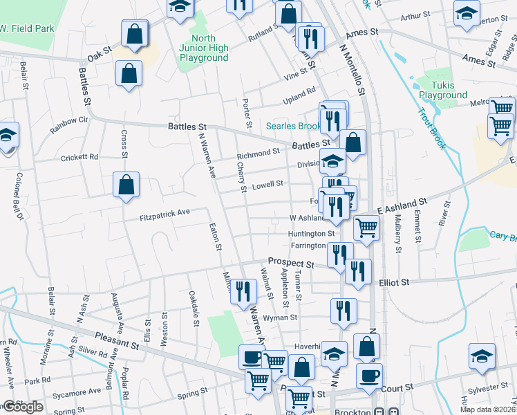 map of restaurants, bars, coffee shops, grocery stores, and more near 117 Ford Street in Brockton
