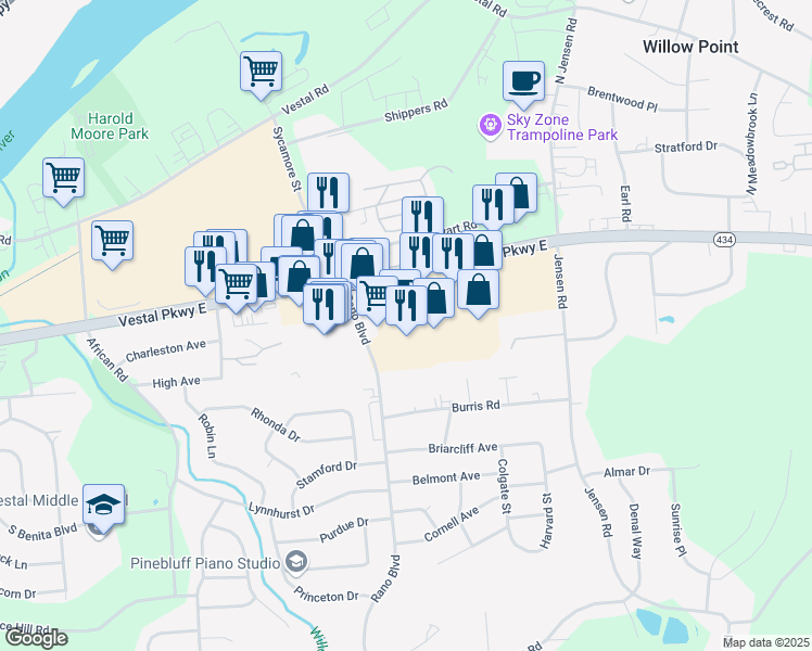 map of restaurants, bars, coffee shops, grocery stores, and more near Plaza Drive in Vestal