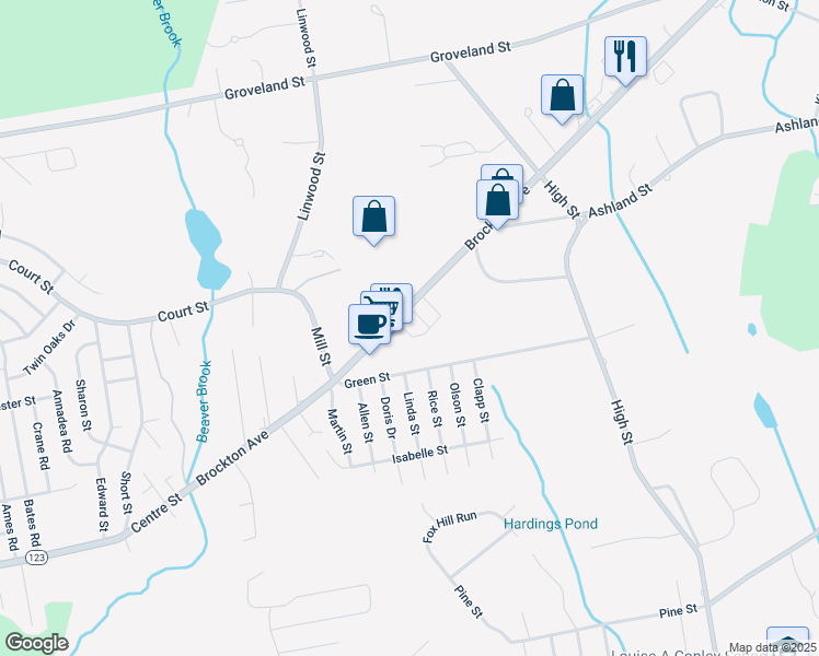 map of restaurants, bars, coffee shops, grocery stores, and more near 728 Brockton Avenue in Abington