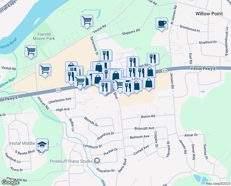 map of restaurants, bars, coffee shops, grocery stores, and more near in Vestal