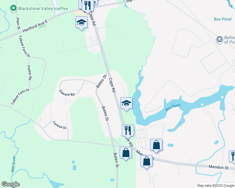 map of restaurants, bars, coffee shops, grocery stores, and more near 56 Cape Road in Mendon
