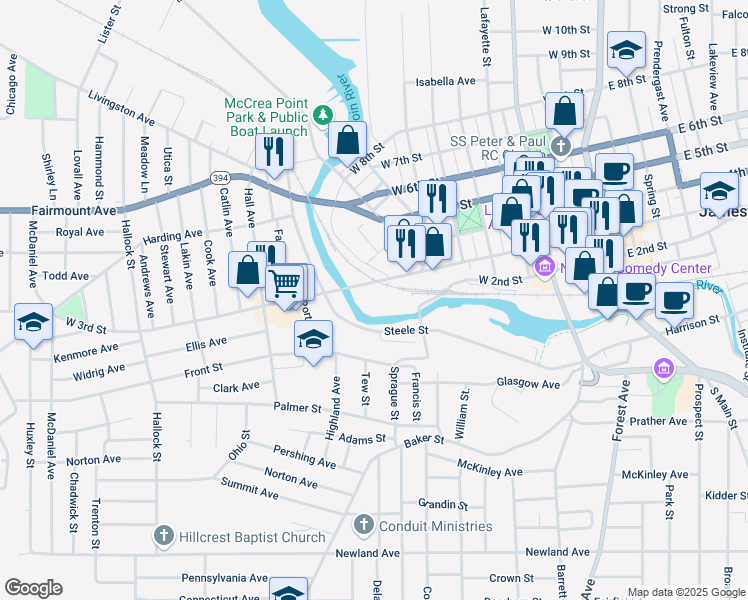 map of restaurants, bars, coffee shops, grocery stores, and more near in Jamestown