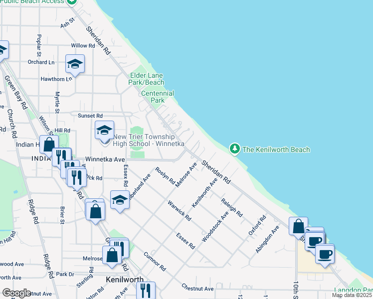 map of restaurants, bars, coffee shops, grocery stores, and more near Sheridan Road in Kenilworth