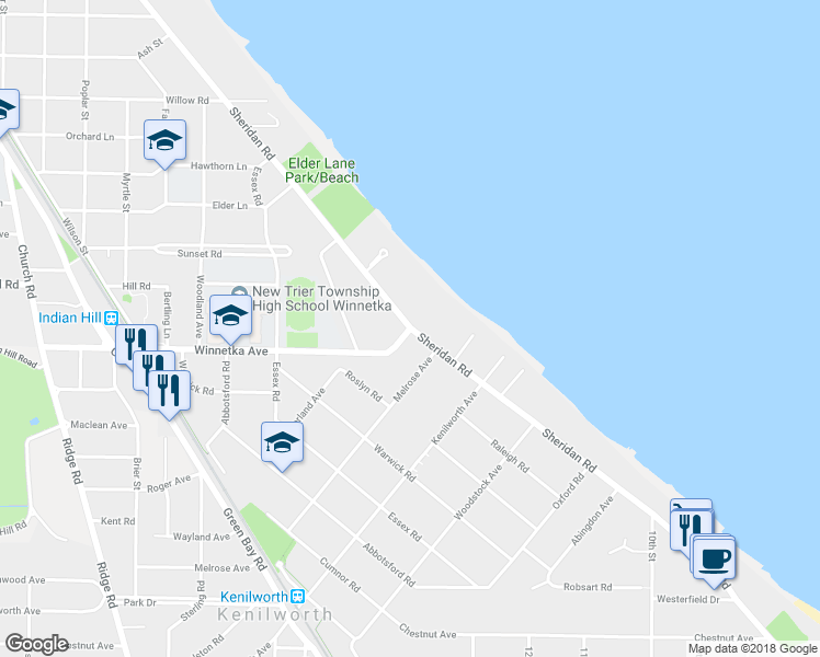 map of restaurants, bars, coffee shops, grocery stores, and more near Sheridan Road in Kenilworth