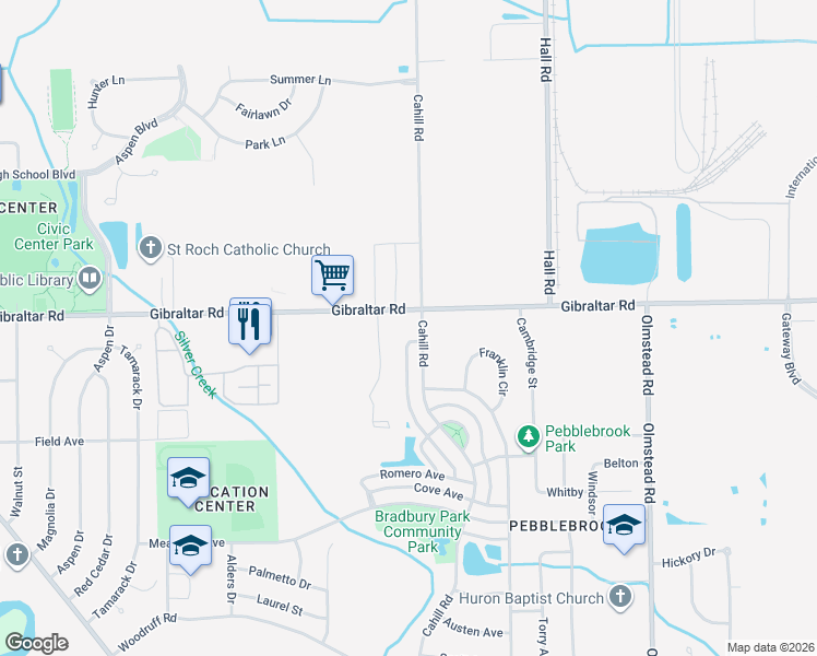 map of restaurants, bars, coffee shops, grocery stores, and more near 23965 Gibraltar Road in Flat Rock