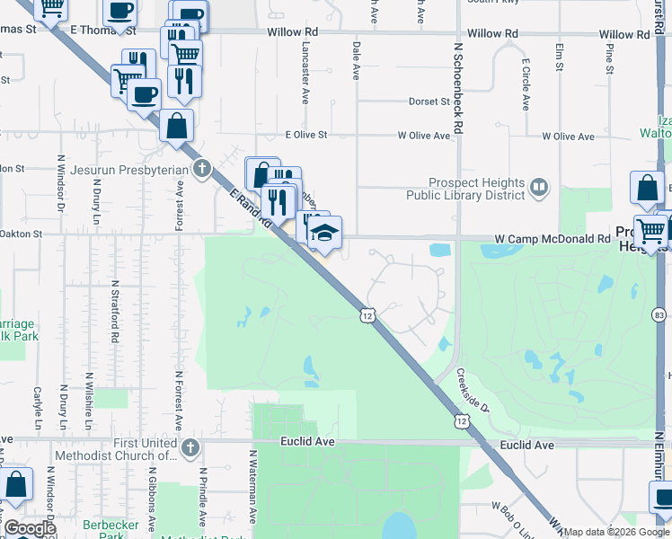 map of restaurants, bars, coffee shops, grocery stores, and more near 2430 East Rand Road in Arlington Heights