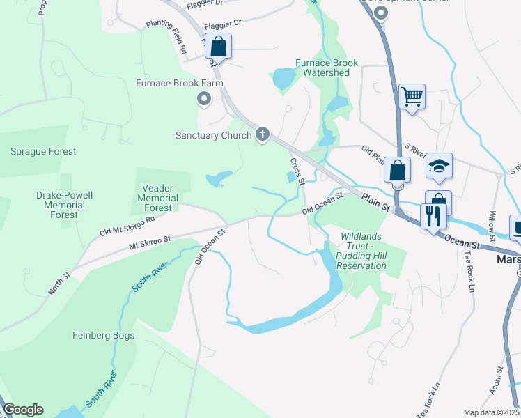 map of restaurants, bars, coffee shops, grocery stores, and more near 124 Old Ocean Street in Marshfield
