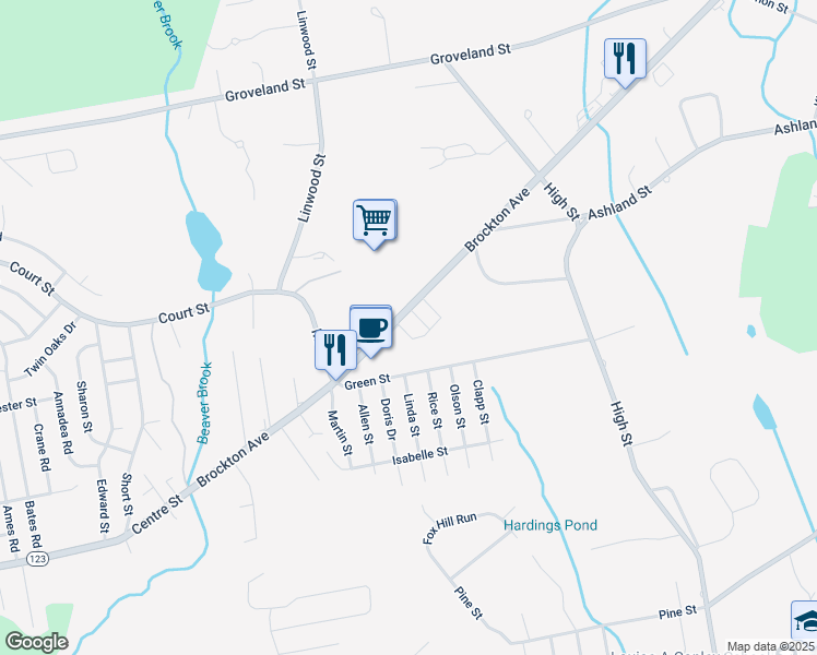 map of restaurants, bars, coffee shops, grocery stores, and more near 728 Brockton Avenue in Abington