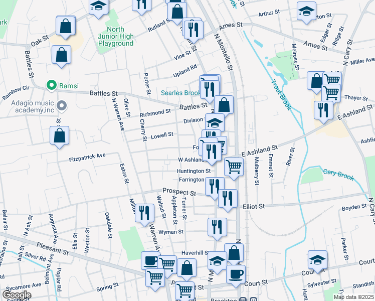 map of restaurants, bars, coffee shops, grocery stores, and more near 57 Ford Street in Brockton
