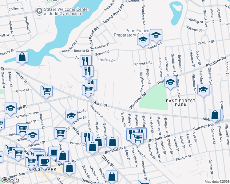 map of restaurants, bars, coffee shops, grocery stores, and more near 65 Mandalay Road in Springfield