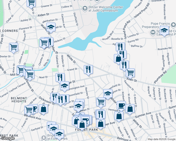 map of restaurants, bars, coffee shops, grocery stores, and more near 119 White Street in Springfield