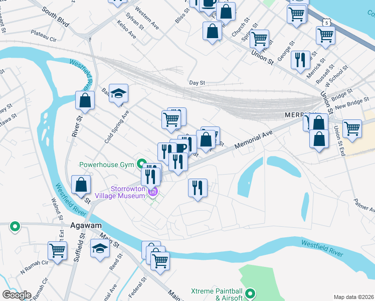 map of restaurants, bars, coffee shops, grocery stores, and more near 64 Bosworth Street in West Springfield