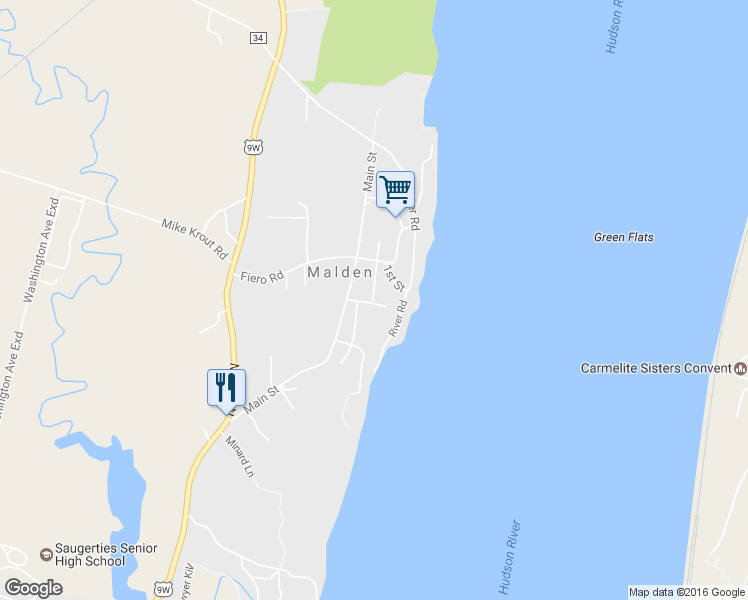 map of restaurants, bars, coffee shops, grocery stores, and more near 502 York Street in Saugerties