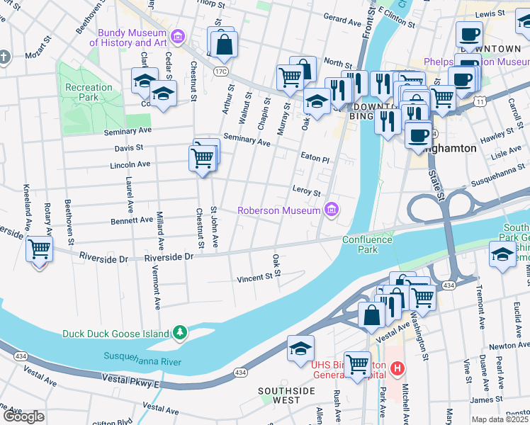 map of restaurants, bars, coffee shops, grocery stores, and more near 60 Murray Street in Binghamton