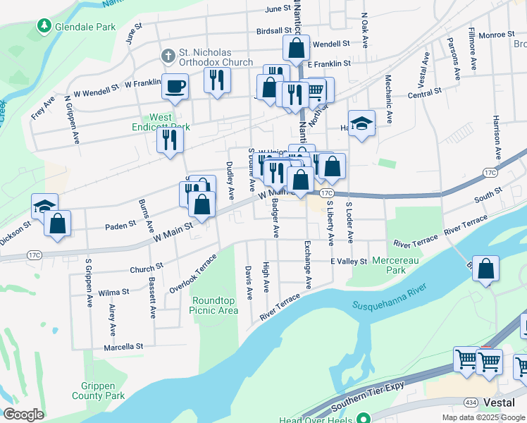 map of restaurants, bars, coffee shops, grocery stores, and more near 206 West Main Street in Endicott