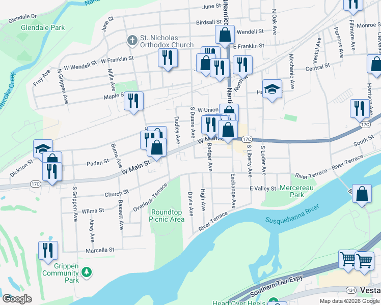 map of restaurants, bars, coffee shops, grocery stores, and more near 304 West Main Street in Endicott