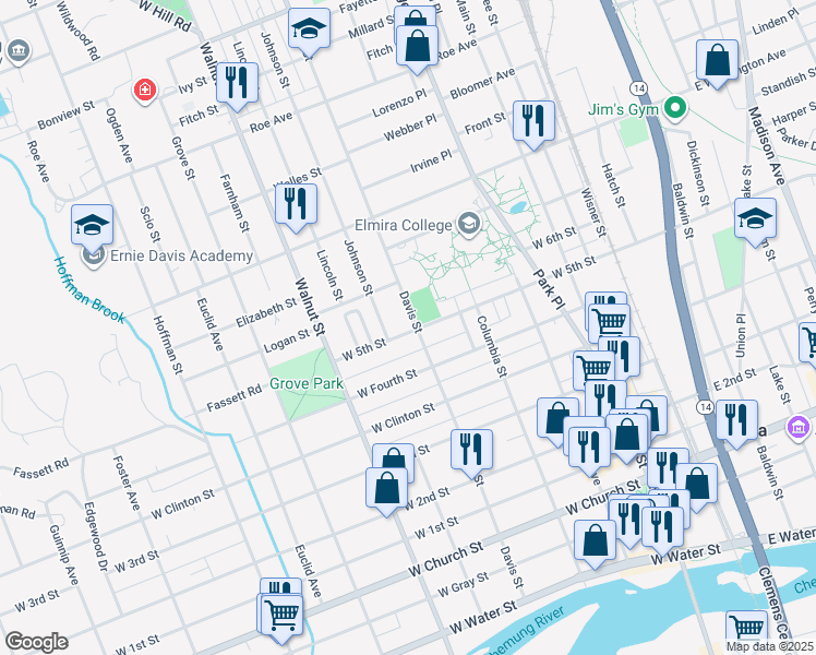 map of restaurants, bars, coffee shops, grocery stores, and more near 709 Davis Street in Elmira