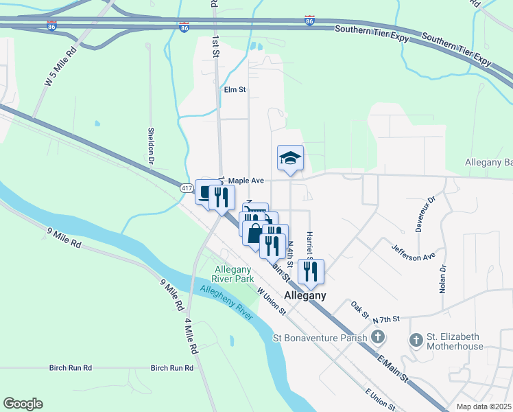 map of restaurants, bars, coffee shops, grocery stores, and more near 41 North 2nd Street in Allegany