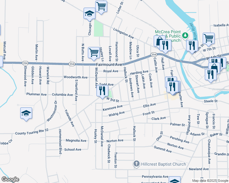 map of restaurants, bars, coffee shops, grocery stores, and more near 737 Harding Avenue in Jamestown