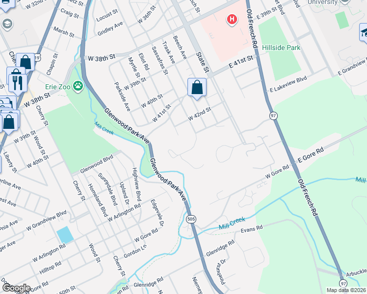 map of restaurants, bars, coffee shops, grocery stores, and more near 226 W Grandview Blvd in Erie